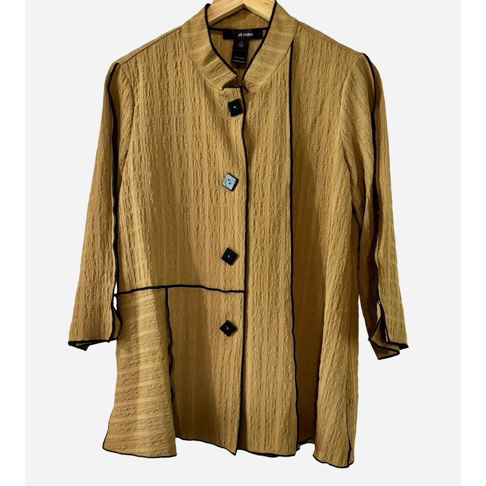 Ali Miles Harvest Gold Textured Button Front Swing Jacket 3/4 Sleeve Size Small